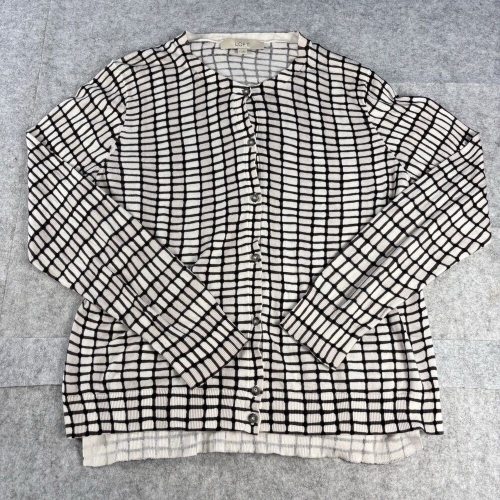 Vintage Ann Taylor LOFT Womens L Cream Black Grid Cotton Cardigan Button Front